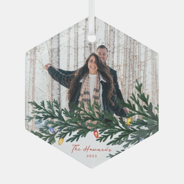 Christmas Lights and Greenery Photo Glass Ornament (Front)