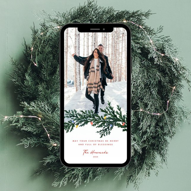 Christmas Lights and Greenery Photo Holiday Card (Creator Uploaded)