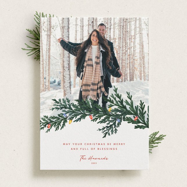 Christmas Lights and Greenery Photo Holiday Card (Creator Uploaded)