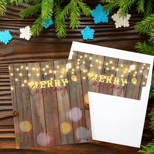 Christmas Lights and Pine Cones on Rustic Wood  Envelope Liner