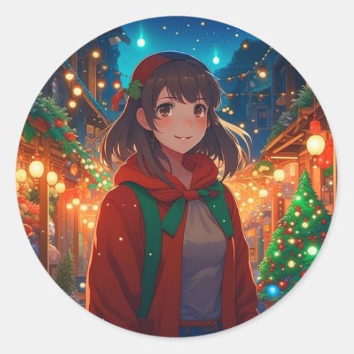 Christmas Lights Anime Girl Classic Round Sticker