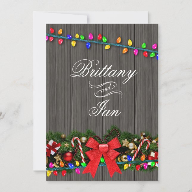 Christmas Lights Barn Wood Wedding | charcoal Invitation (Front)