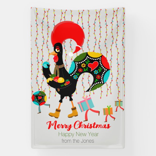 Christmas lights, baubles, presents and Rooster Banner (Vertical)