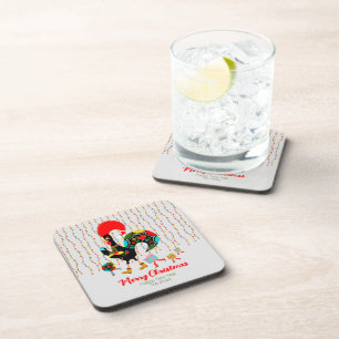 Christmas lights, baubles, presents and Rooster Beverage Coaster
