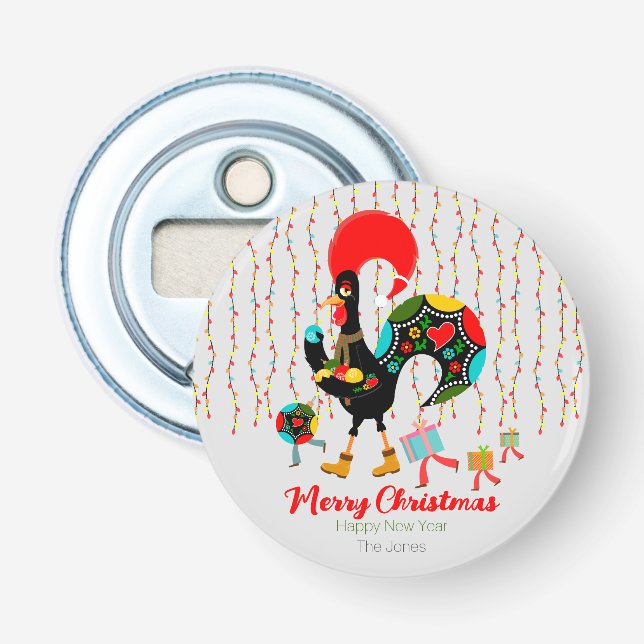 Christmas lights, baubles, presents and Rooster Bottle Opener (Front)