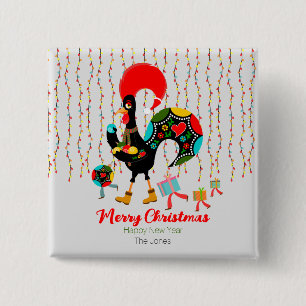 Christmas lights, baubles, presents and Rooster Button
