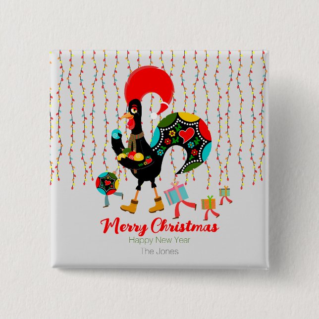 Christmas lights, baubles, presents and Rooster Button (Front)