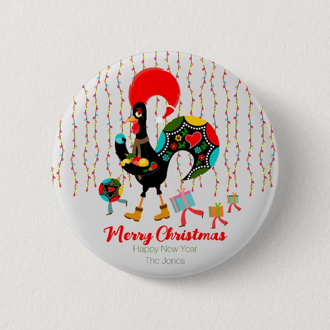 Christmas lights, baubles, presents and Rooster Button (Front)