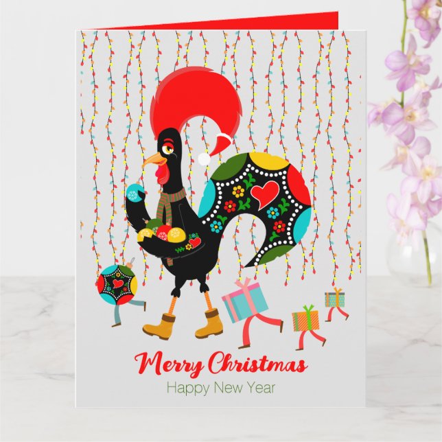 Christmas lights, baubles, presents and Rooster Card (Orchid)