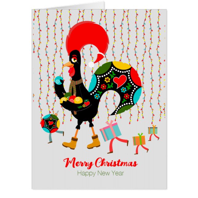 Christmas lights, baubles, presents and Rooster Card (Front)