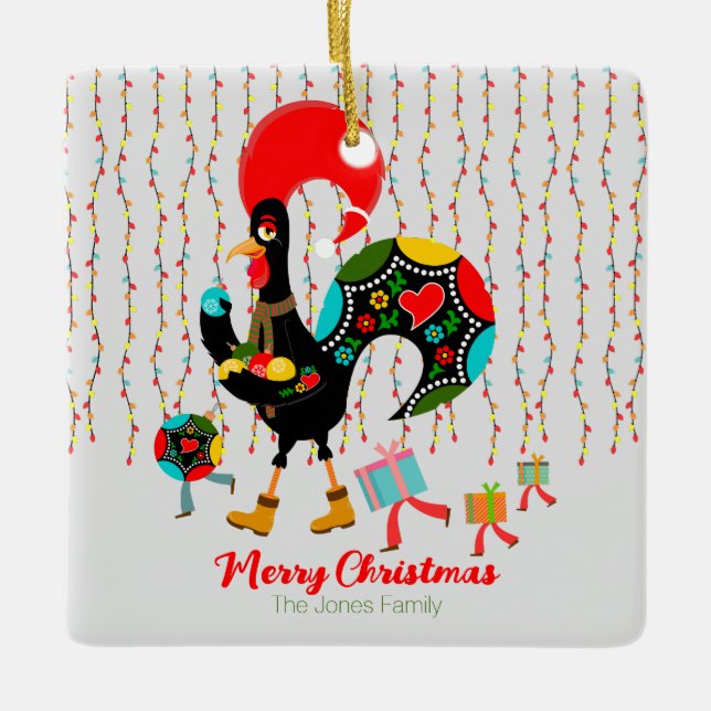 Christmas lights, baubles, presents and Rooster Ceramic Ornament (Front)