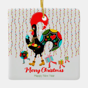 Christmas lights, baubles, presents and Rooster Ceramic Ornament