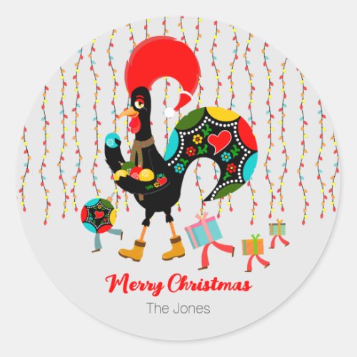 Christmas lights baubles presents and Rooster Classic Round Sticker