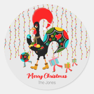 Christmas lights, baubles, presents and Rooster Classic Round Sticker