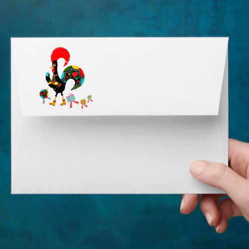 Christmas lights baubles presents and Rooster Envelope