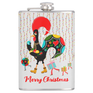Christmas lights, baubles, presents and Rooster Flask