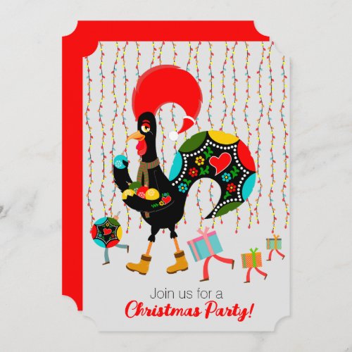 Christmas lights baubles presents and Rooster Invitation