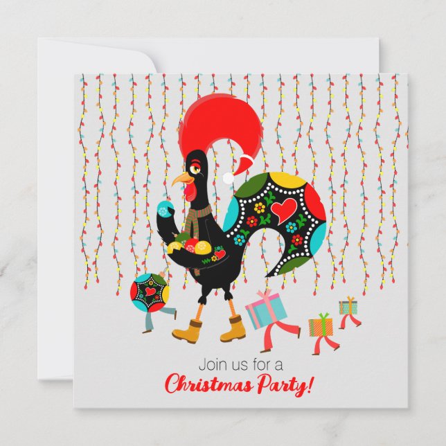 Christmas lights, baubles, presents and Rooster Invitation (Front)