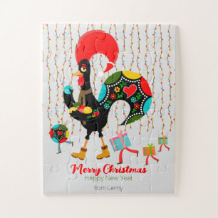 Christmas lights, baubles, presents and Rooster Jigsaw Puzzle
