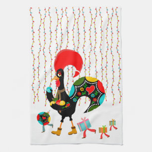 Christmas lights, baubles, presents and Rooster Kitchen Towel