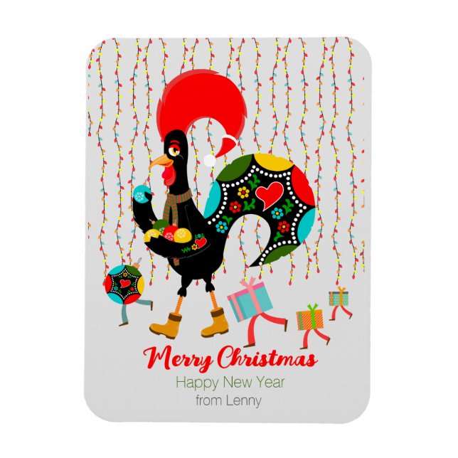 Christmas lights, baubles, presents and Rooster Magnet (Vertical)