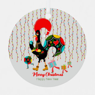 Christmas lights, baubles, presents and Rooster Metal Ornament