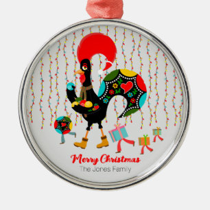 Christmas lights, baubles, presents and Rooster Metal Ornament