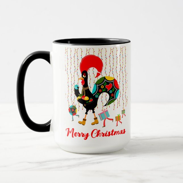 Christmas lights, baubles, presents and Rooster Mug (Left)