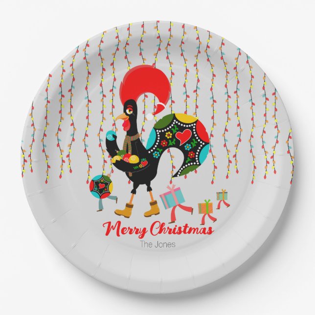 Christmas lights, baubles, presents and Rooster Paper Plates (Front)