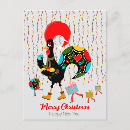 Christmas lights baubles presents and Rooster Postcard