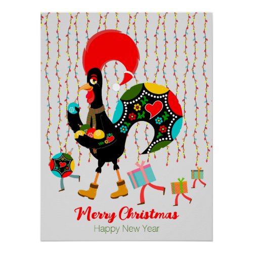 Christmas lights baubles presents and Rooster Poster