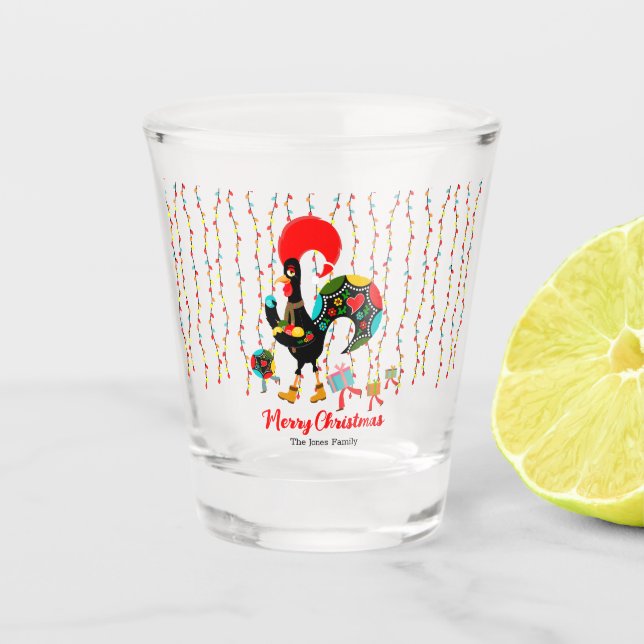 Christmas lights, baubles, presents and Rooster Shot Glass (Front)