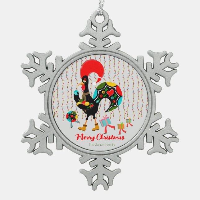 Christmas lights, baubles, presents and Rooster Snowflake Pewter Christmas Ornament (Front)