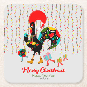 Christmas lights, baubles, presents and Rooster Square Paper Coaster