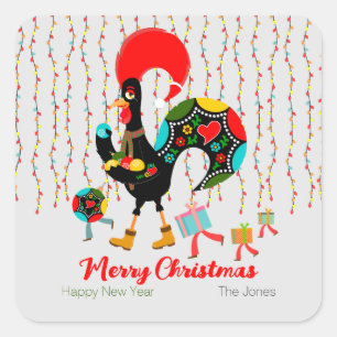 Christmas lights, baubles, presents and Rooster Square Sticker