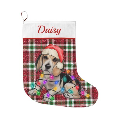 Christmas Lights Beagle Sparkly Plaid Tartan Large Christmas Stocking