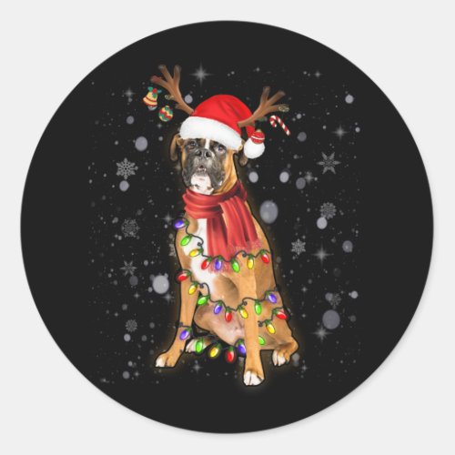 Christmas Lights Boxer Dog With Horn Reindeer Classic Round Sticker