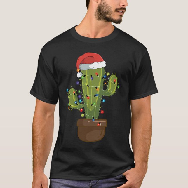Christmas Lights Cactus Santa Hat  Xmas Cactus T-Shirt (Front)
