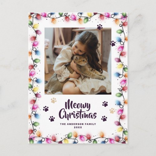 Christmas Lights Cat Paws Purple Photo Meowy Postcard