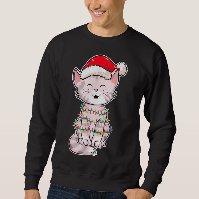 Christmas Lights Cat Wearing Xmas Hat - Cute Cat L Sweatshirt (Front)