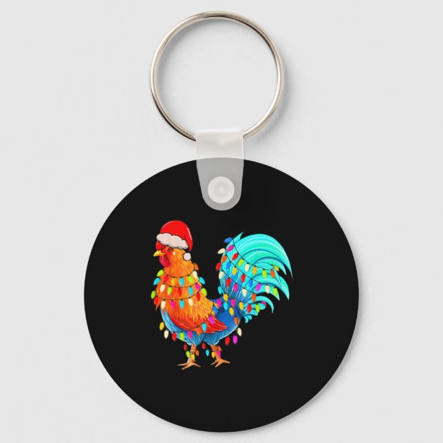Christmas Lights Chicken Wearing Xmas Hat Chicken  Keychain (Front)