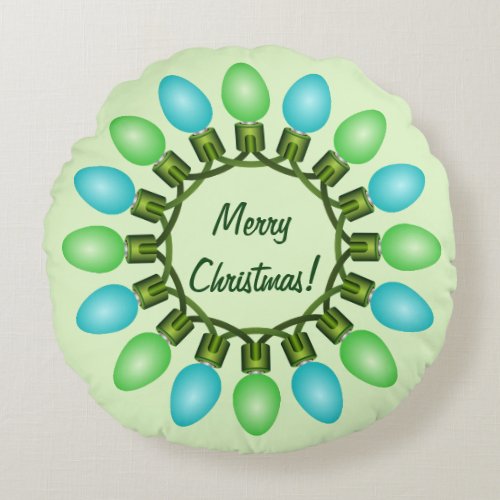 Christmas Lights Circle in Blue and Green Round Pillow