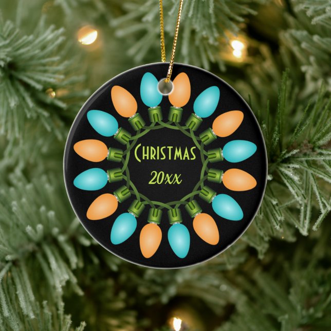 Christmas Lights Circle in Orange and Blue Ceramic Ornament (Tree)