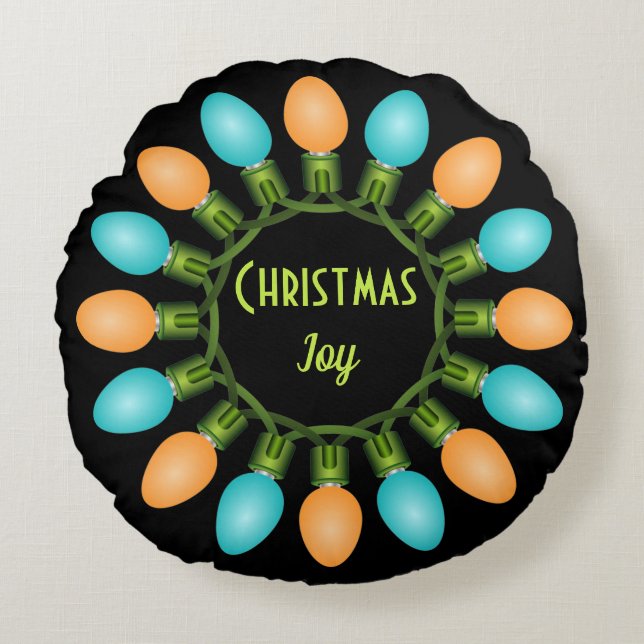 Christmas Lights Circle in Orange and Blue Round Pillow (Front)