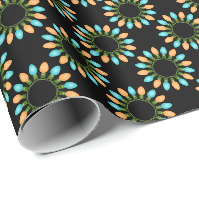 Christmas Lights Circles Pattern Orange and Blue Wrapping Paper (Roll Corner)