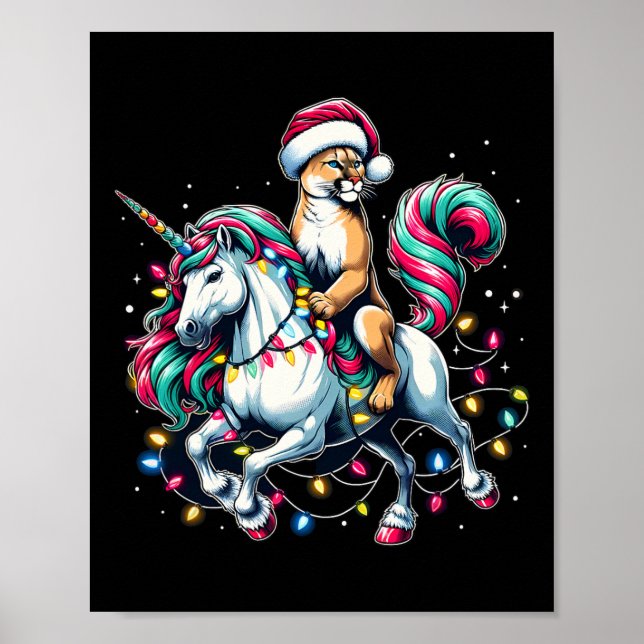 Christmas Lights Cougar Riding Unicorn  Poster (Front)