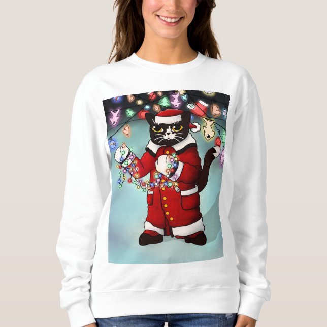 Christmas Lights Cute Tuxedo Cat Sweatshirt (Front)