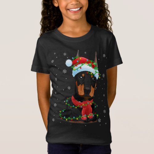 Christmas Lights Doberman Dog Santa Hat Scarf T_Shirt