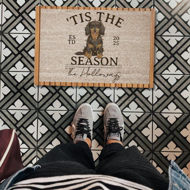 Christmas Lights Dog Dachshund Family Name Fiber Doormat (Welcome guests to your seasonal home with this Christmas Lights Dog Dachshund Family Name Rug!)