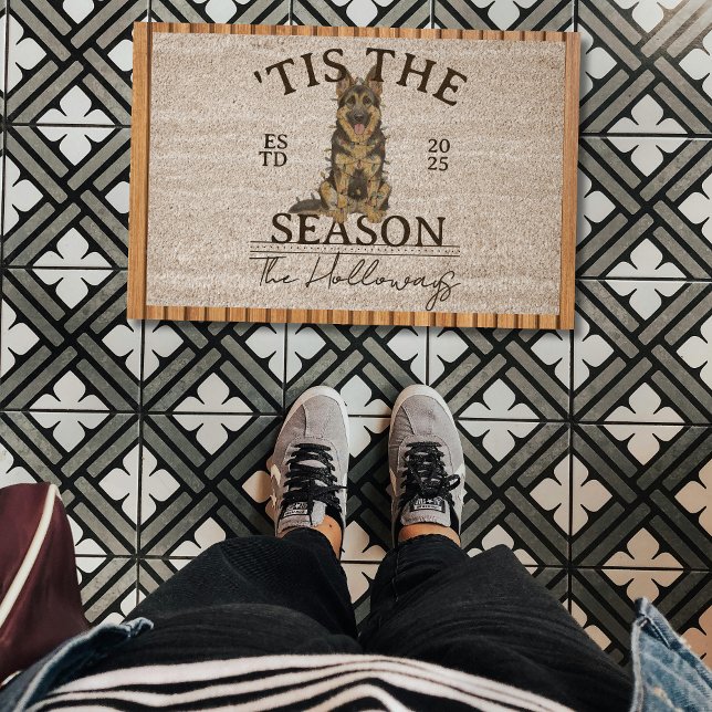 Christmas Lights Dog German Shepherd Family Name Fiber Doormat (Welcome guests to your seasonal home with this Christmas Lights Dog German Shepherd Family Name Rug!)